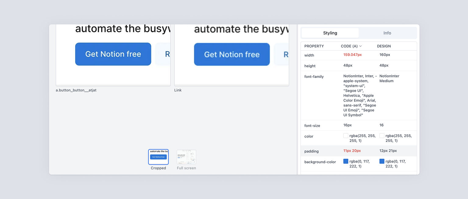Screenshot of a DesignQA-generated bug report with mismatches highlighted